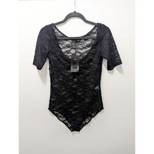 ZARA Black Short Sleeve Sheer Lace Bodysuit With Gathered front Women's Size M